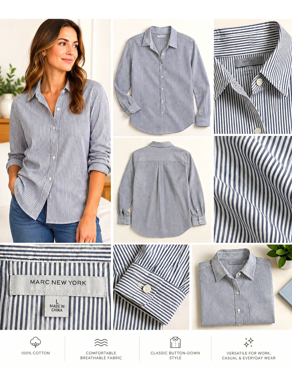 Marc New York Andrew Marc Women’s Large Blue White Striped Button Down Shirt